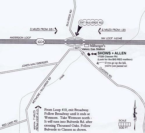 Map to Shows and Allen, San Antonio, Texas